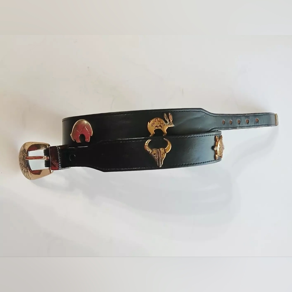 VTG Silver Creek Belt Sz 28 Black Leather Southwestern Metal Animals - Picture 5 of 12